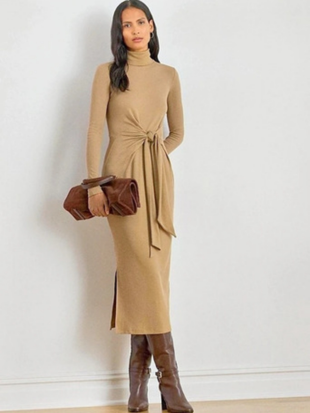 Ralph Lauren Midi Turtleneck Tie-Waist Dress in Brown